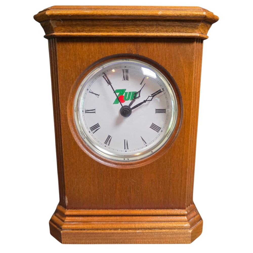 Vintage Wisconsin Clock Company 7Up Soda Wood Mantle Clock Takane Quartz USA